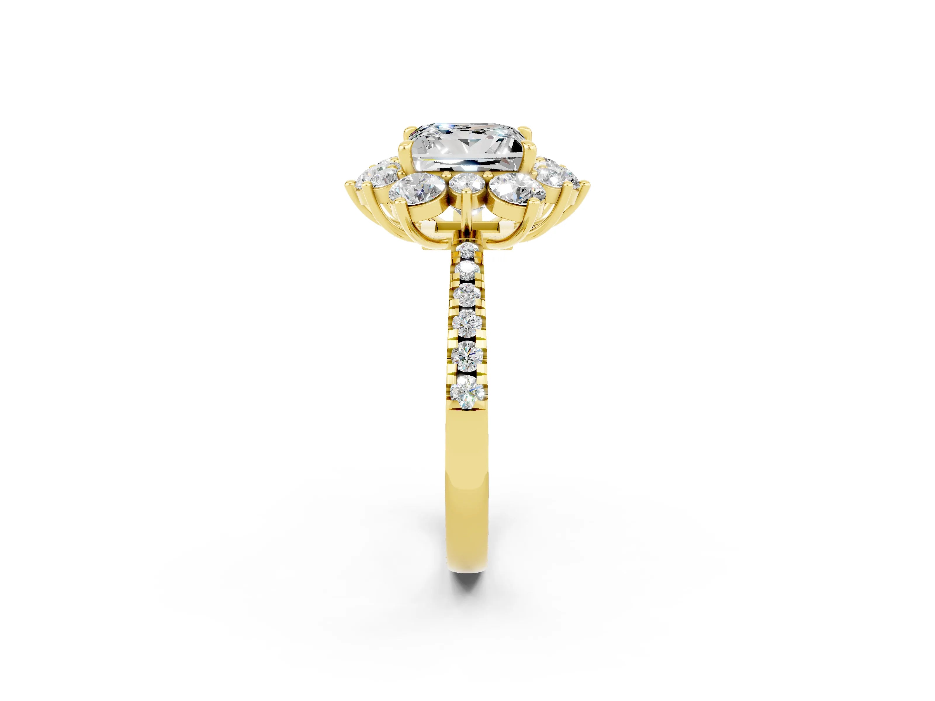Yellow gold Princess Cut Cut Diamond Floral Halo Pave Band with Prong Setting_2