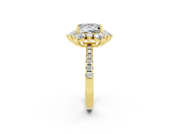 Yellow gold Princess Cut Moissanite Floral Halo Ring with Round Pavé Band and Prong Setting