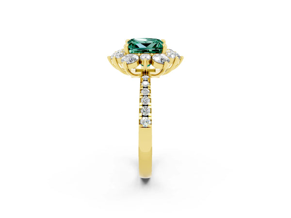 Yellow gold Princess Cut Green Sapphire Floral Halo Ring with Round Pavé Band and Prong Setting