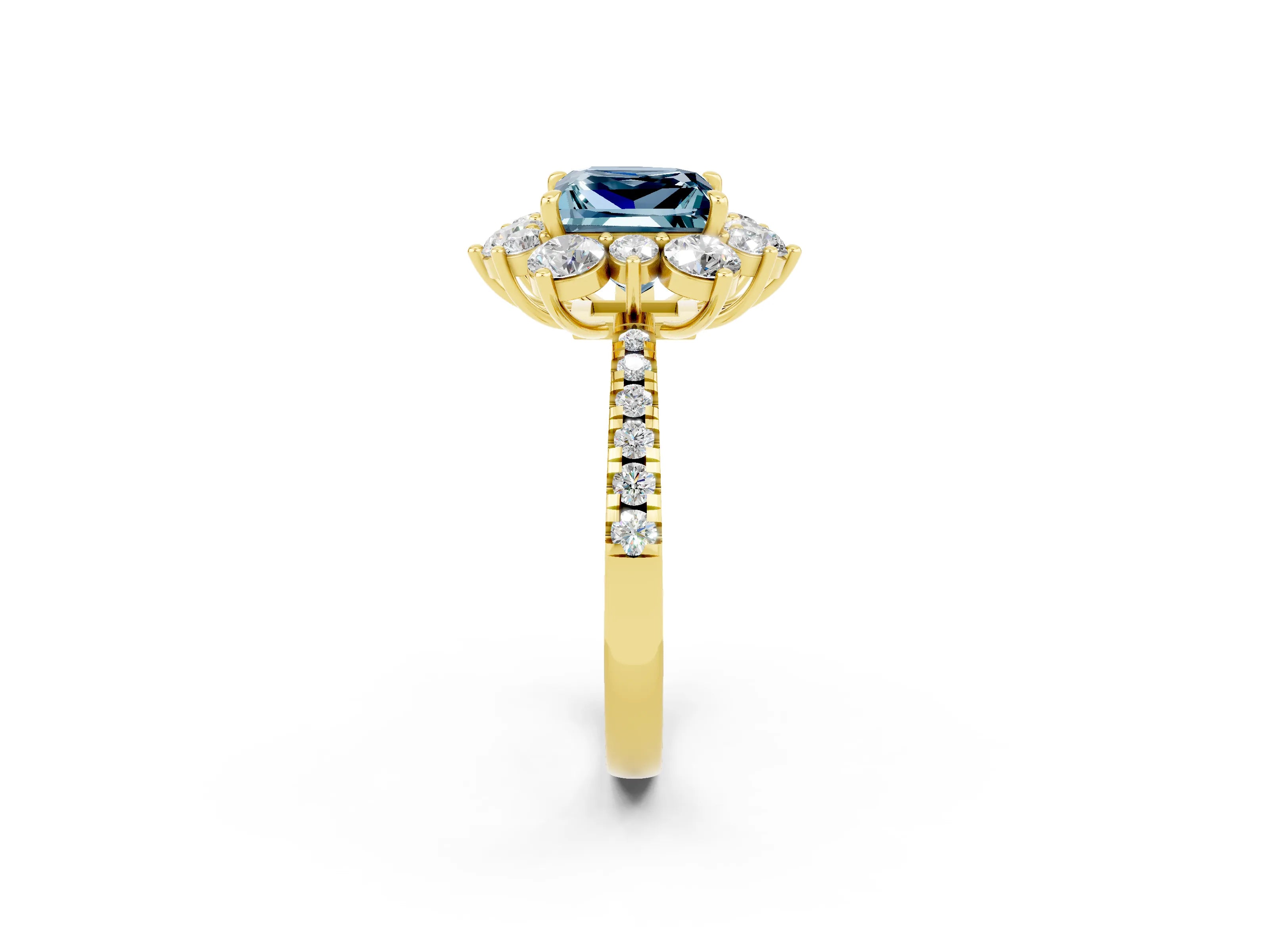 Yellow gold Princess Cut Cut Diamond Floral Halo Pave Band with Prong Setting_2