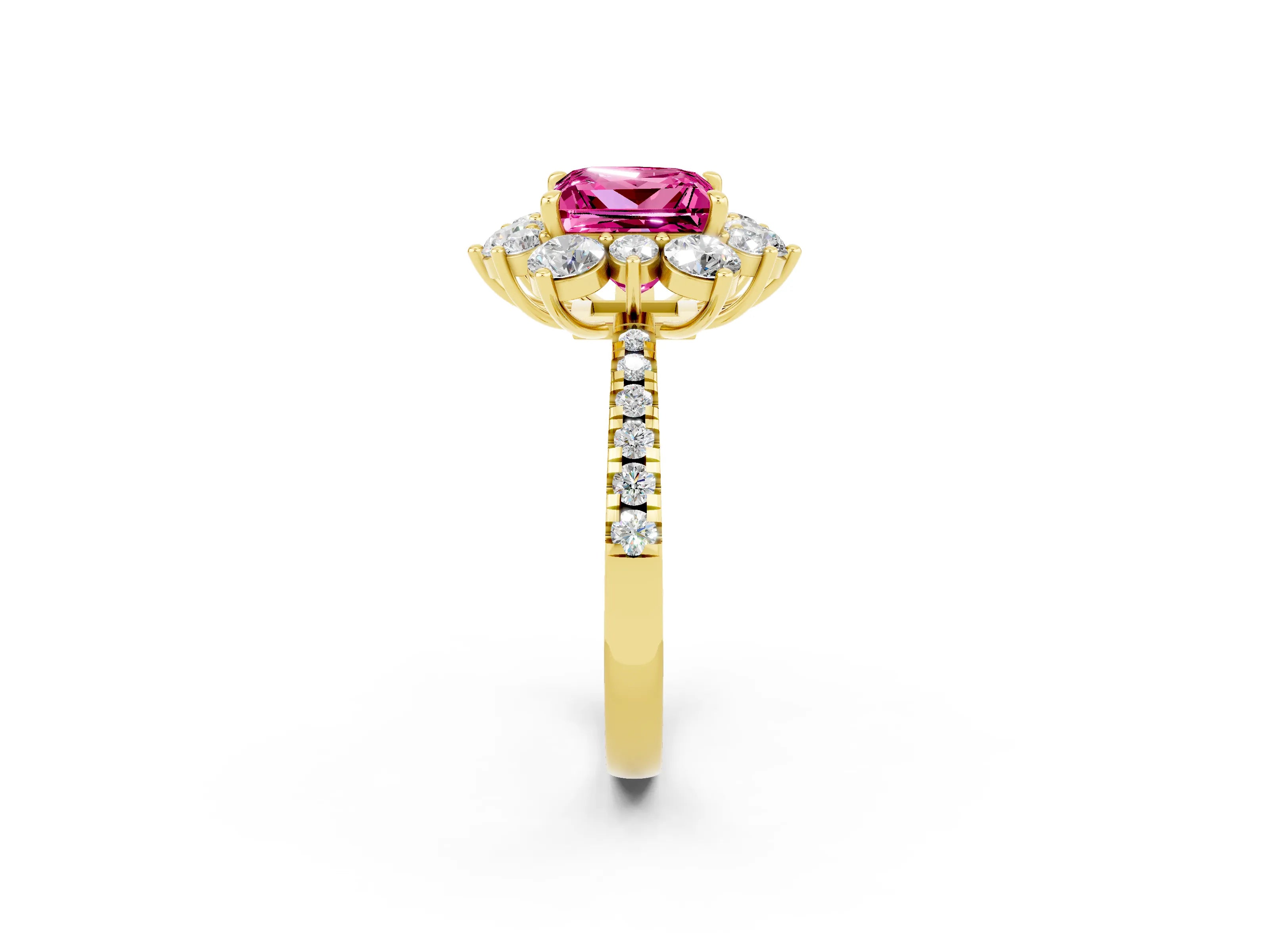 Yellow gold Princess Cut Cut Diamond Floral Halo Pave Band with Prong Setting_2