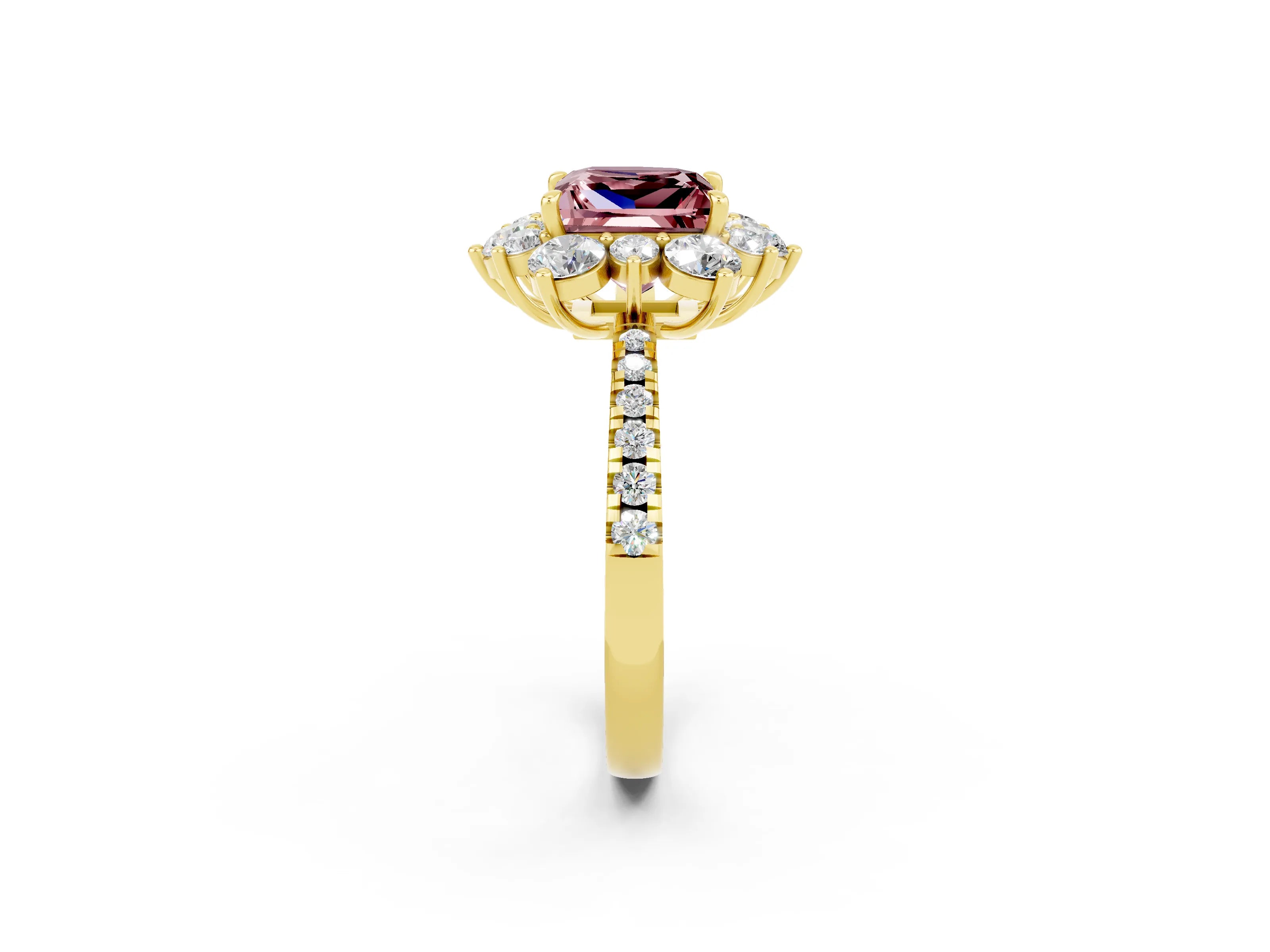 Yellow gold Princess Cut Cut Diamond Floral Halo Pave Band with Prong Setting_2