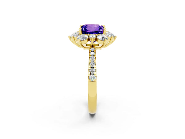 Yellow gold Princess Cut Tanzanite Floral Halo Ring with Round Pavé Band and Prong Setting
