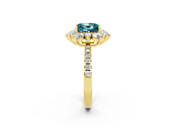 Yellow gold Princess Cut Cut Diamond Floral Halo Pave Band with Prong Setting