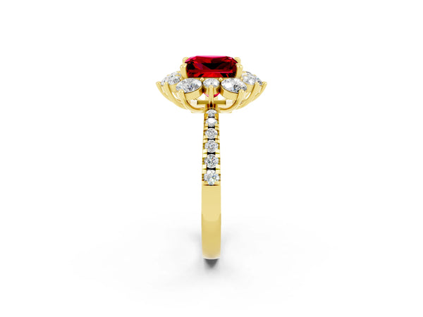 Yellow gold Princess Cut Ruby Floral Halo Ring with Round Pavé Band and Prong Setting