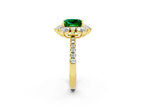 Yellow gold Princess Cut Emerald Floral Halo Ring with Round Pavé Band and Prong Setting
