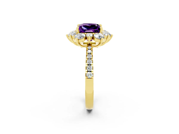 Yellow gold Princess Cut Amethyst Floral Halo Ring with Round Pavé Band and Prong Setting