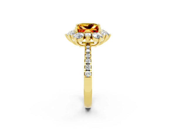 Yellow gold Princess Cut Citrine Floral Halo Ring with Round Pavé Band and Prong Setting