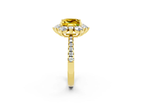 Yellow gold Princess Cut Yellow Sapphire Floral Halo Ring with Round Pavé Band and Prong Setting