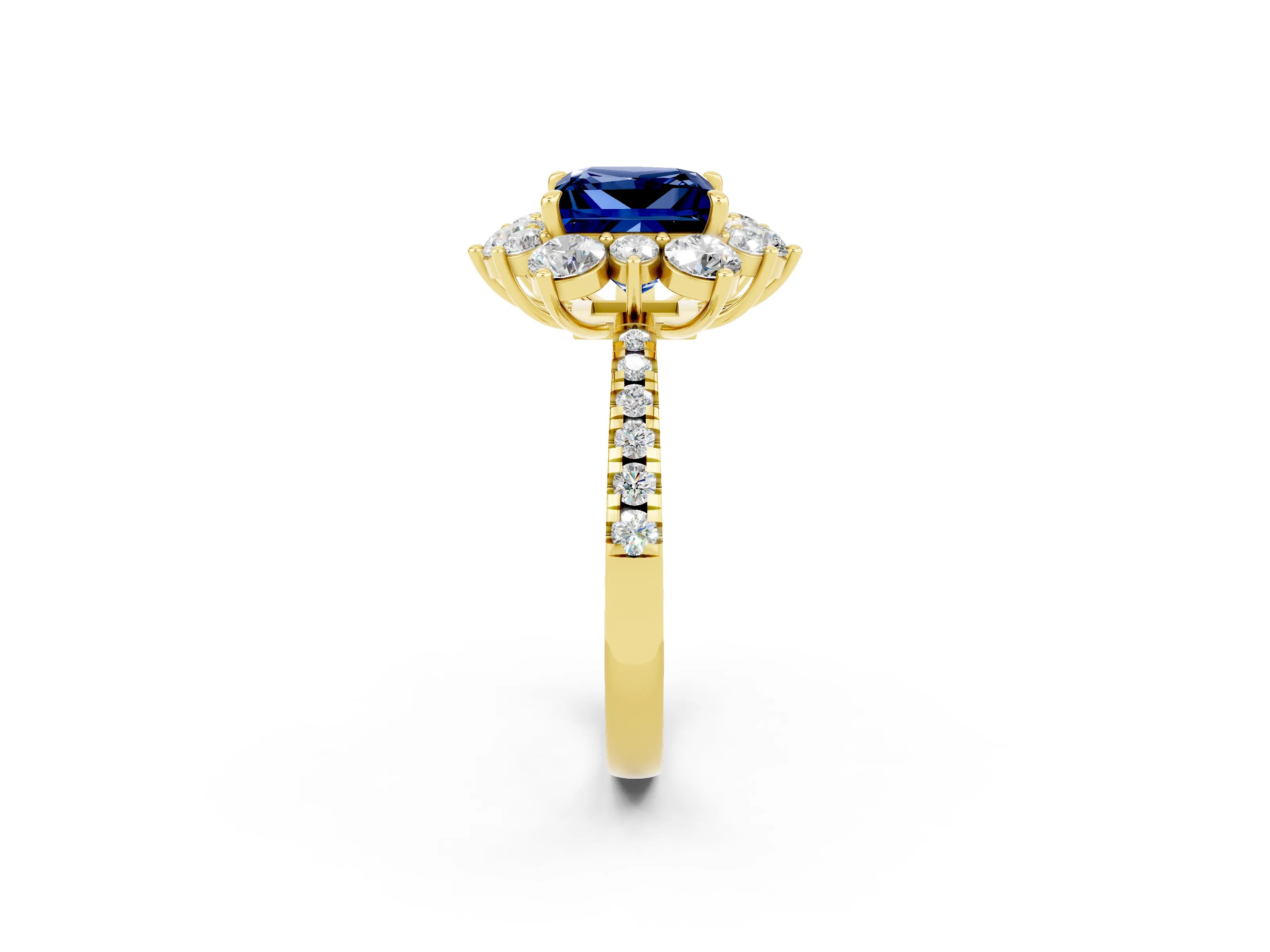 Yellow gold Princess Cut Cut Diamond Floral Halo Pave Band with Prong Setting_2