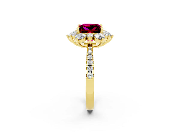 Yellow gold Princess Cut Garnet Floral Halo Ring with Round Pavé Band and Prong Setting
