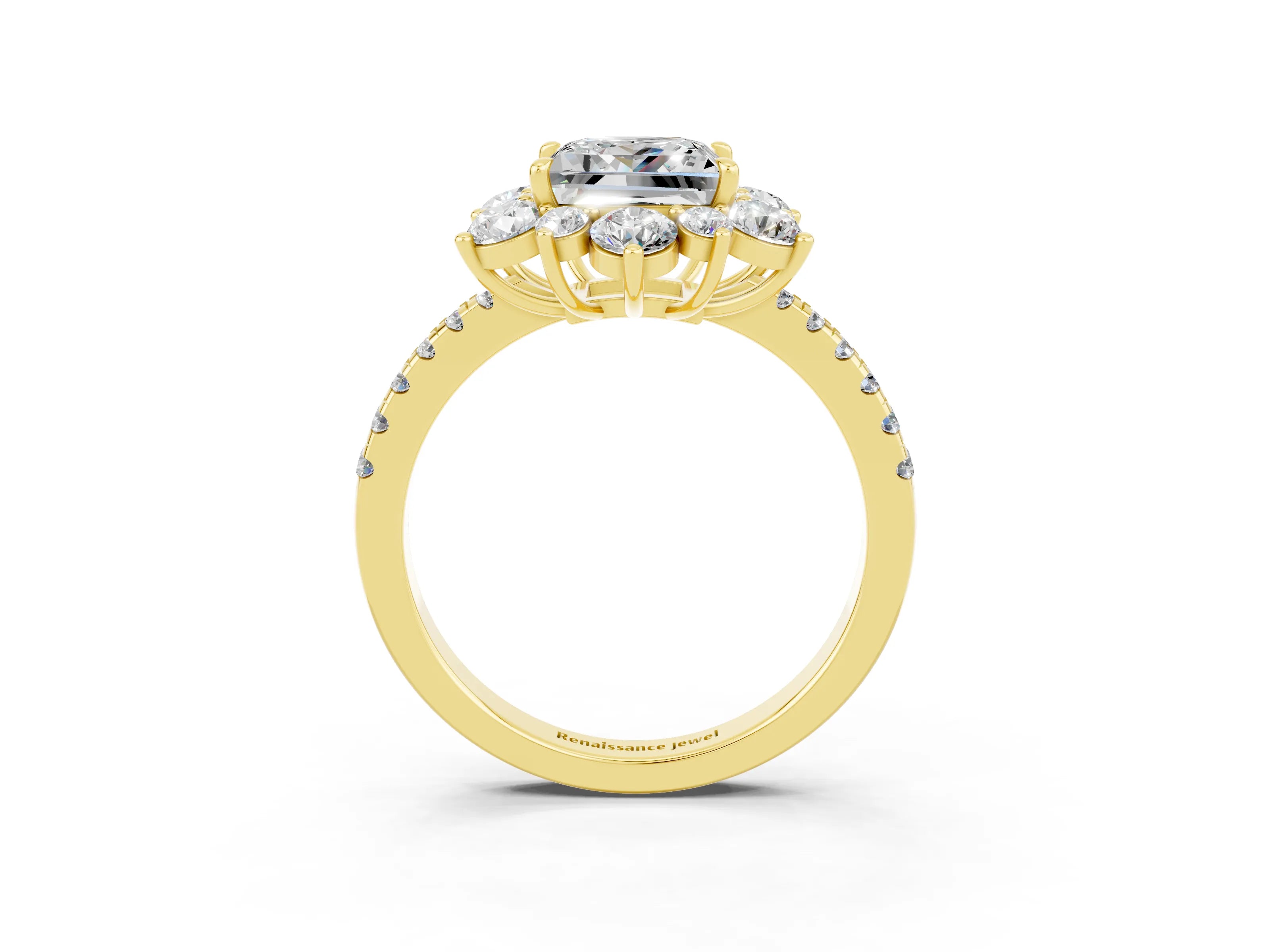 Yellow gold Princess Cut Cut Diamond Floral Halo Pave Band with Prong Setting_3