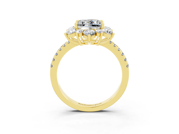 Yellow gold Princess Cut Moissanite Floral Halo Ring with Round Pavé Band and Prong Setting