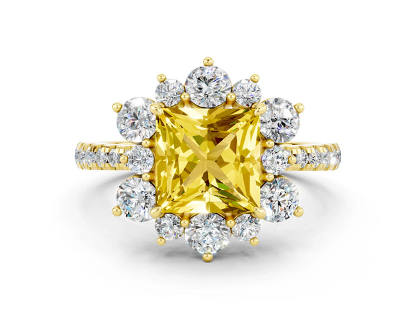 Yellow gold Princess Cut Yellow Sapphire Floral Halo Ring with Round Pavé Band and Prong Setting