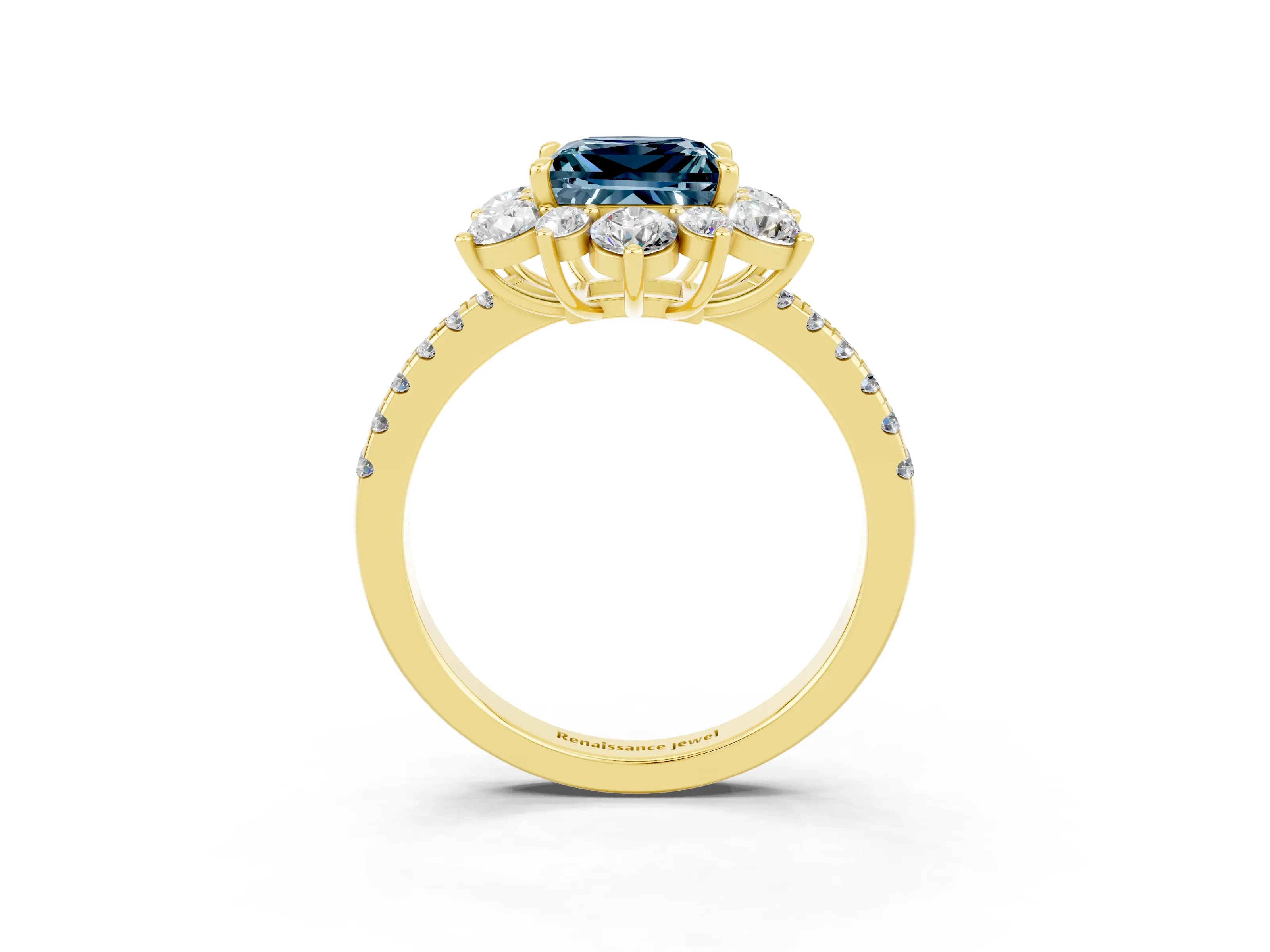 Yellow gold Princess Cut Cut Diamond Floral Halo Pave Band with Prong Setting_3