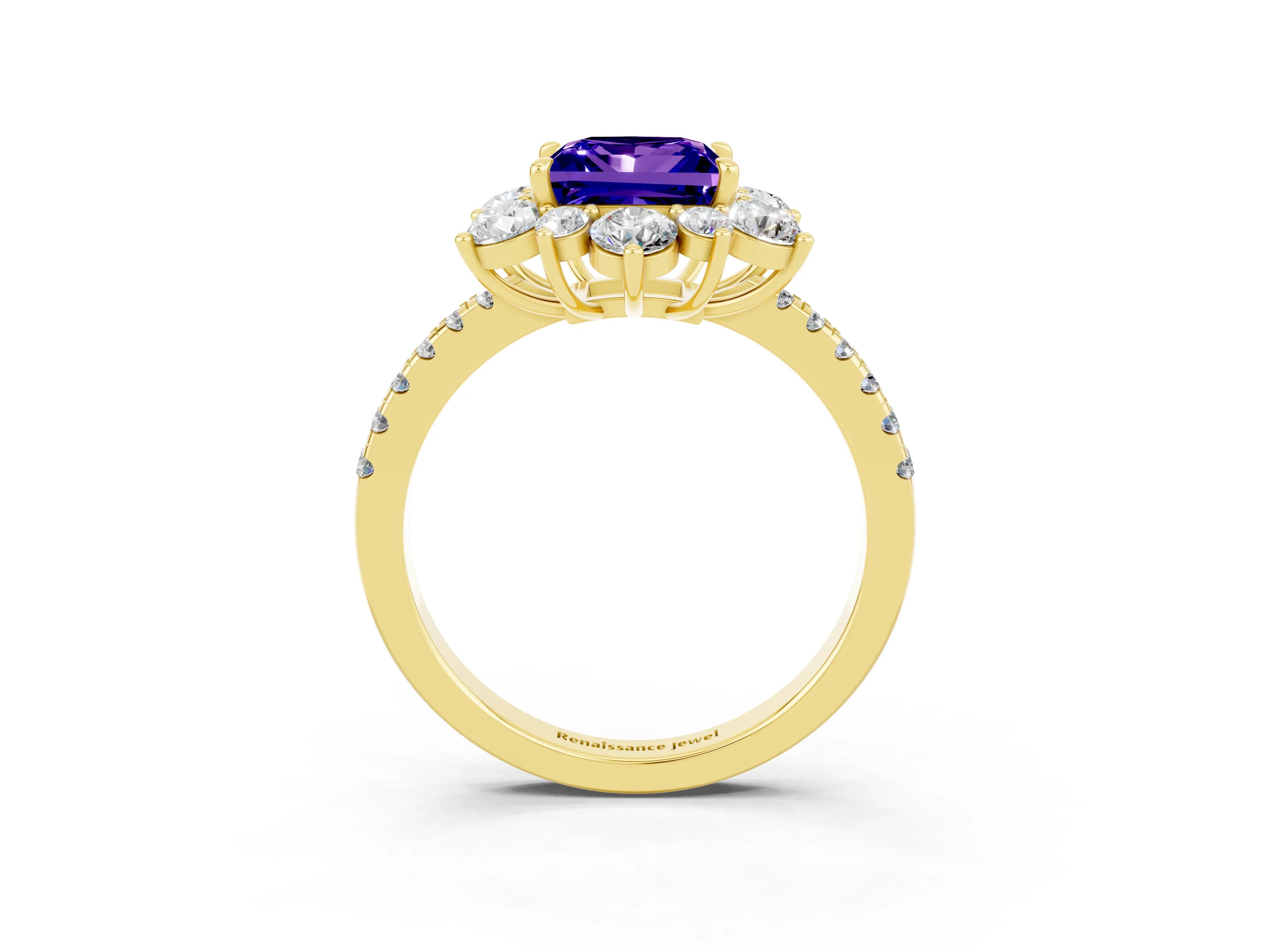 Yellow gold Princess Cut Cut Diamond Floral Halo Pave Band with Prong Setting_3