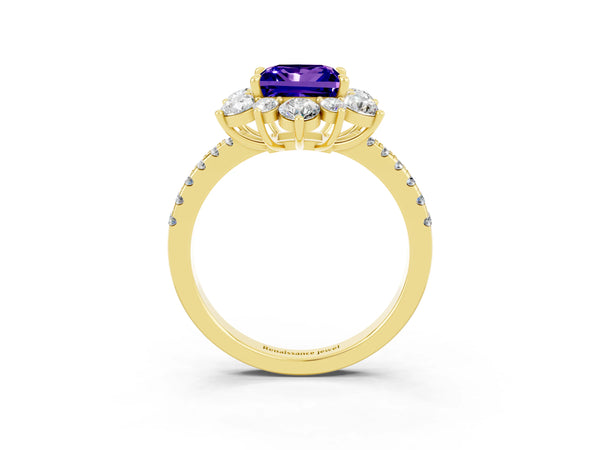 Yellow gold Princess Cut Tanzanite Floral Halo Ring with Round Pavé Band and Prong Setting