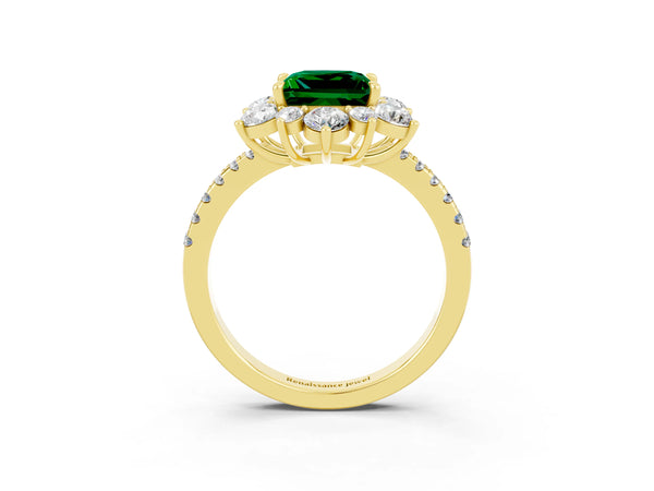 Yellow gold Princess Cut Emerald Floral Halo Ring with Round Pavé Band and Prong Setting