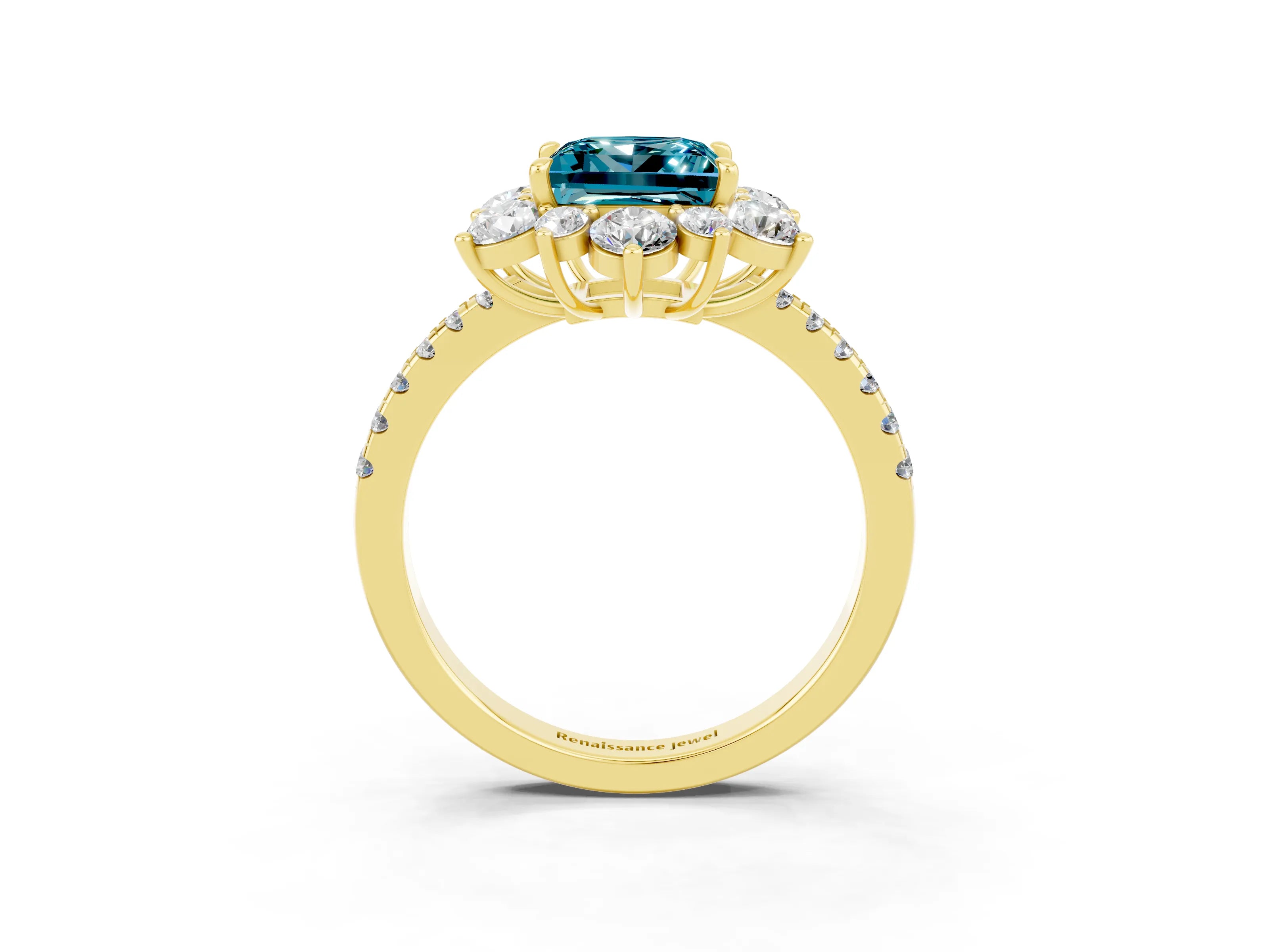 Yellow gold Princess Cut Cut Diamond Floral Halo Pave Band with Prong Setting_3