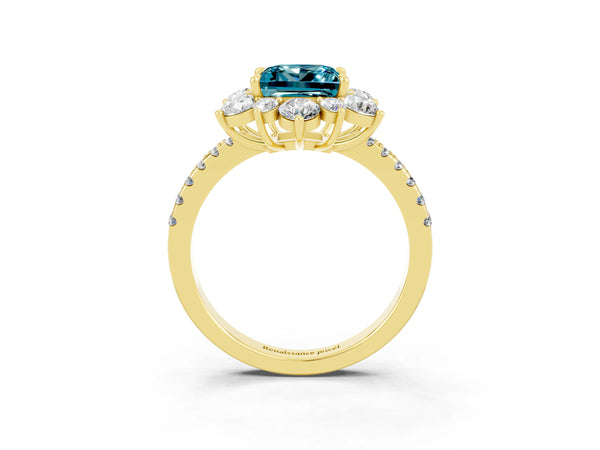 Yellow gold Princess Cut Cut Diamond Floral Halo Pave Band with Prong Setting