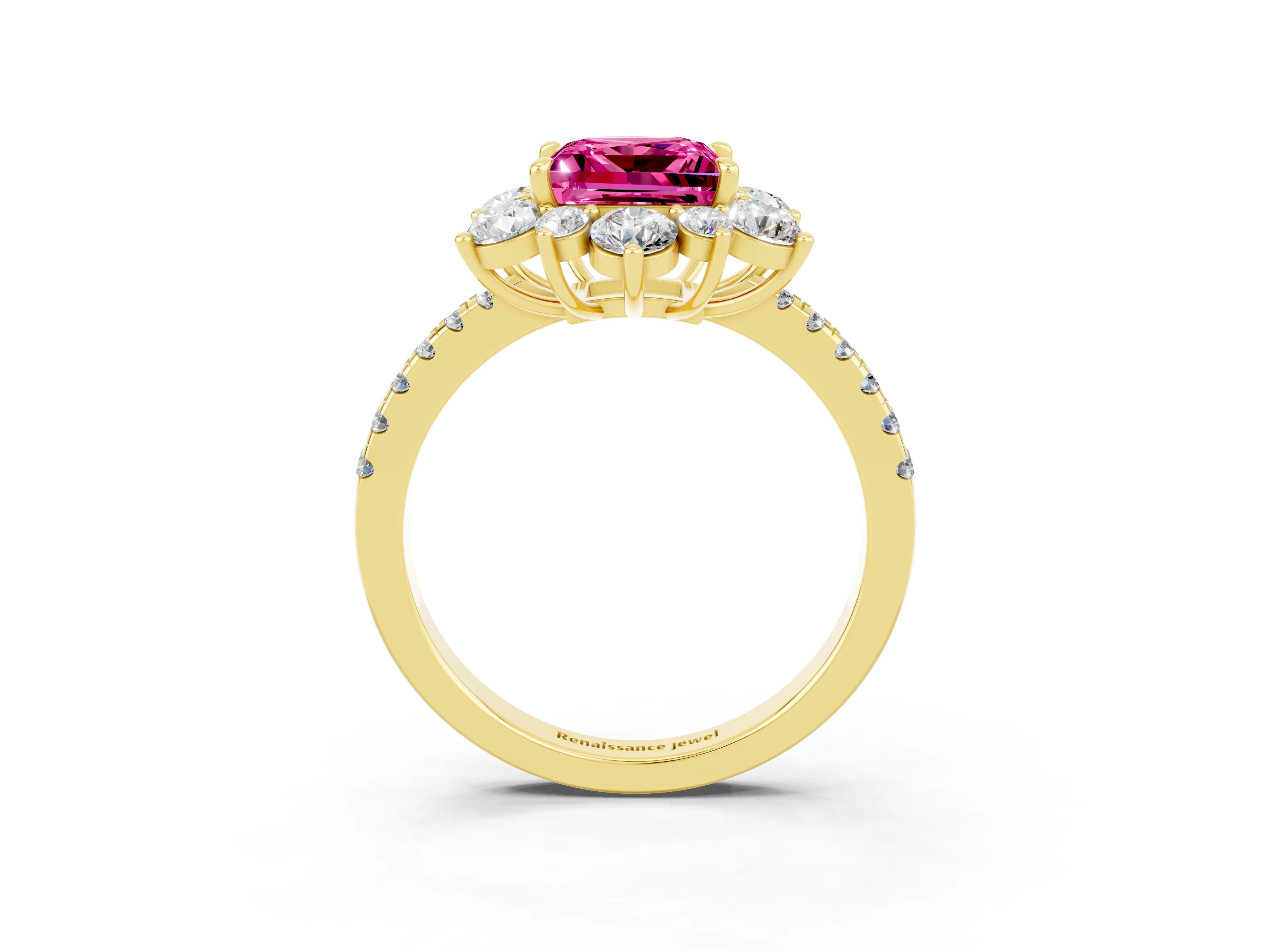 Yellow gold Princess Cut Cut Diamond Floral Halo Pave Band with Prong Setting_3