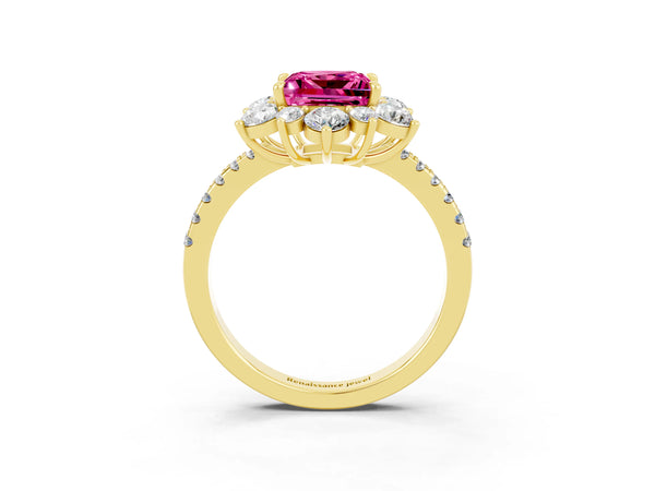 Yellow Gold Princess Cut Lab-Grown Pink Sapphire Star Floral Halo Engagement Ring with Pave Band