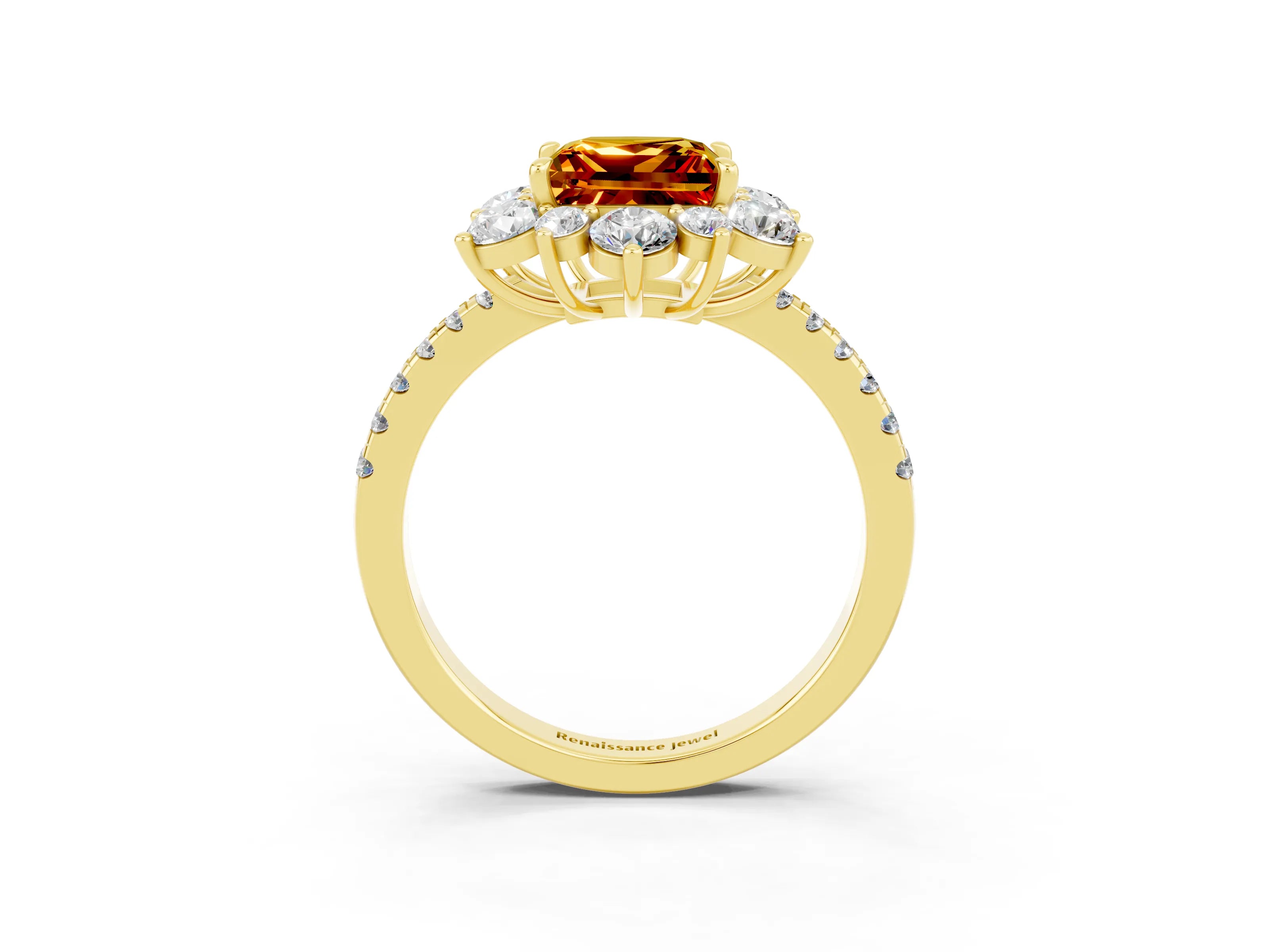 Yellow gold Princess Cut Cut Diamond Floral Halo Pave Band with Prong Setting_3