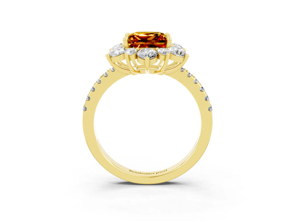 Yellow gold Princess Cut Citrine Floral Halo Ring with Round Pavé Band and Prong Setting