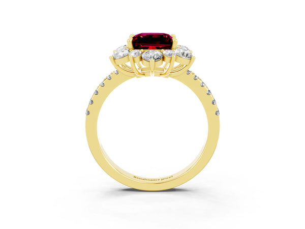 Yellow gold Princess Cut Garnet Floral Halo Ring with Round Pavé Band and Prong Setting