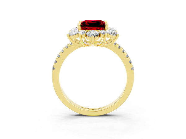 Yellow gold Princess Cut Ruby Floral Halo Ring with Round Pavé Band and Prong Setting