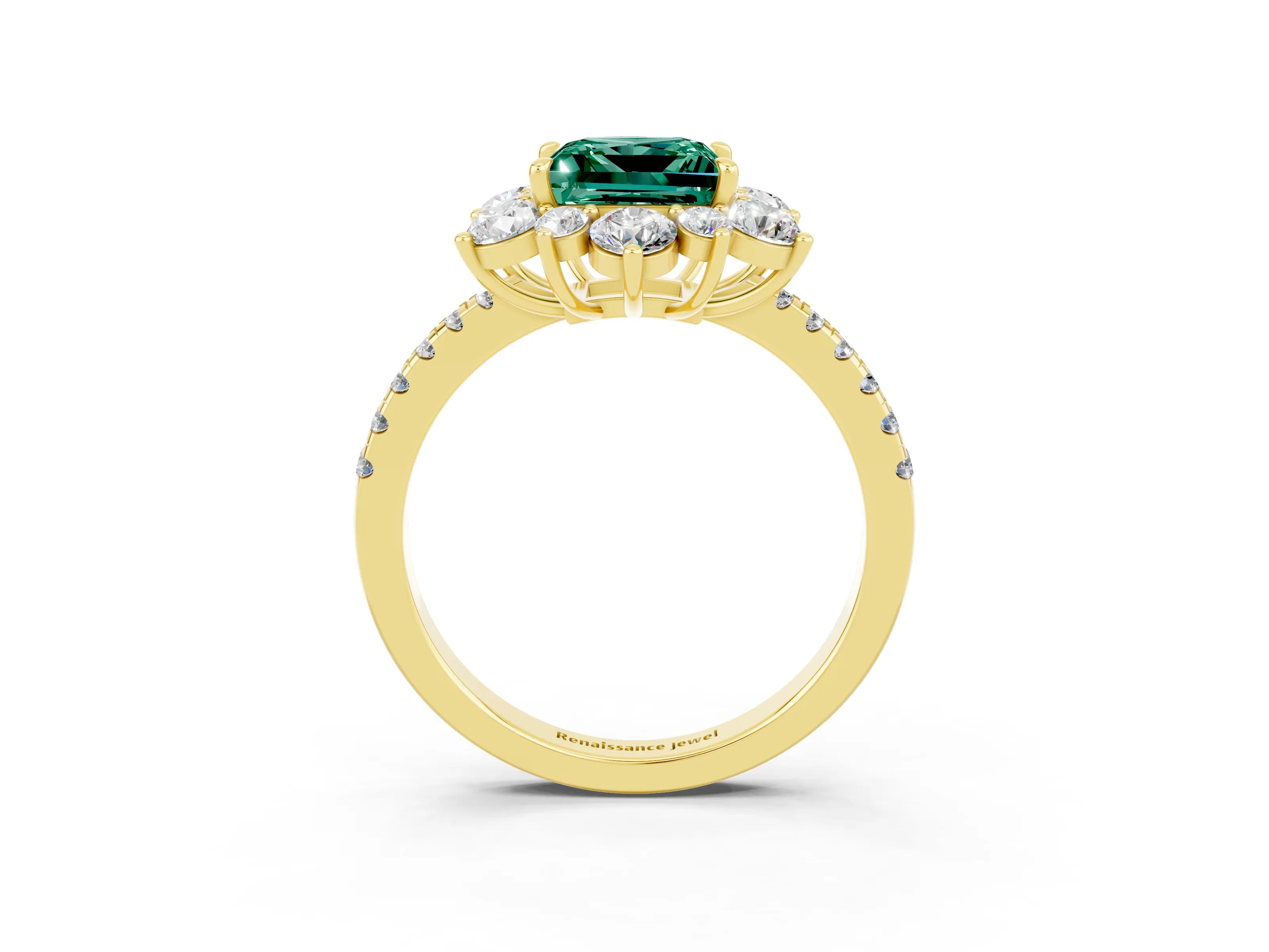 Yellow gold Princess Cut Cut Diamond Floral Halo Pave Band with Prong Setting_3
