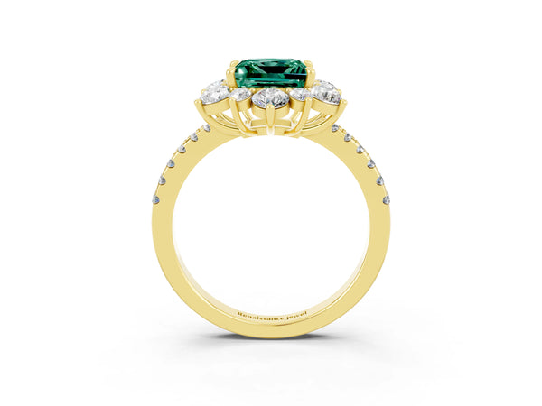 Yellow gold Princess Cut Green Sapphire Floral Halo Ring with Round Pavé Band and Prong Setting