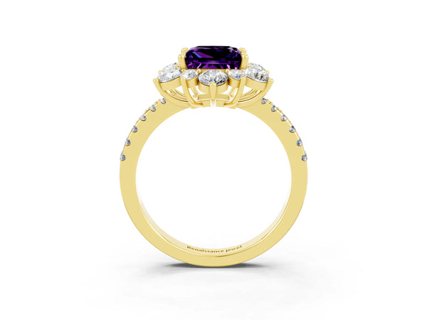 Yellow gold Princess Cut Amethyst Floral Halo Ring with Round Pavé Band and Prong Setting
