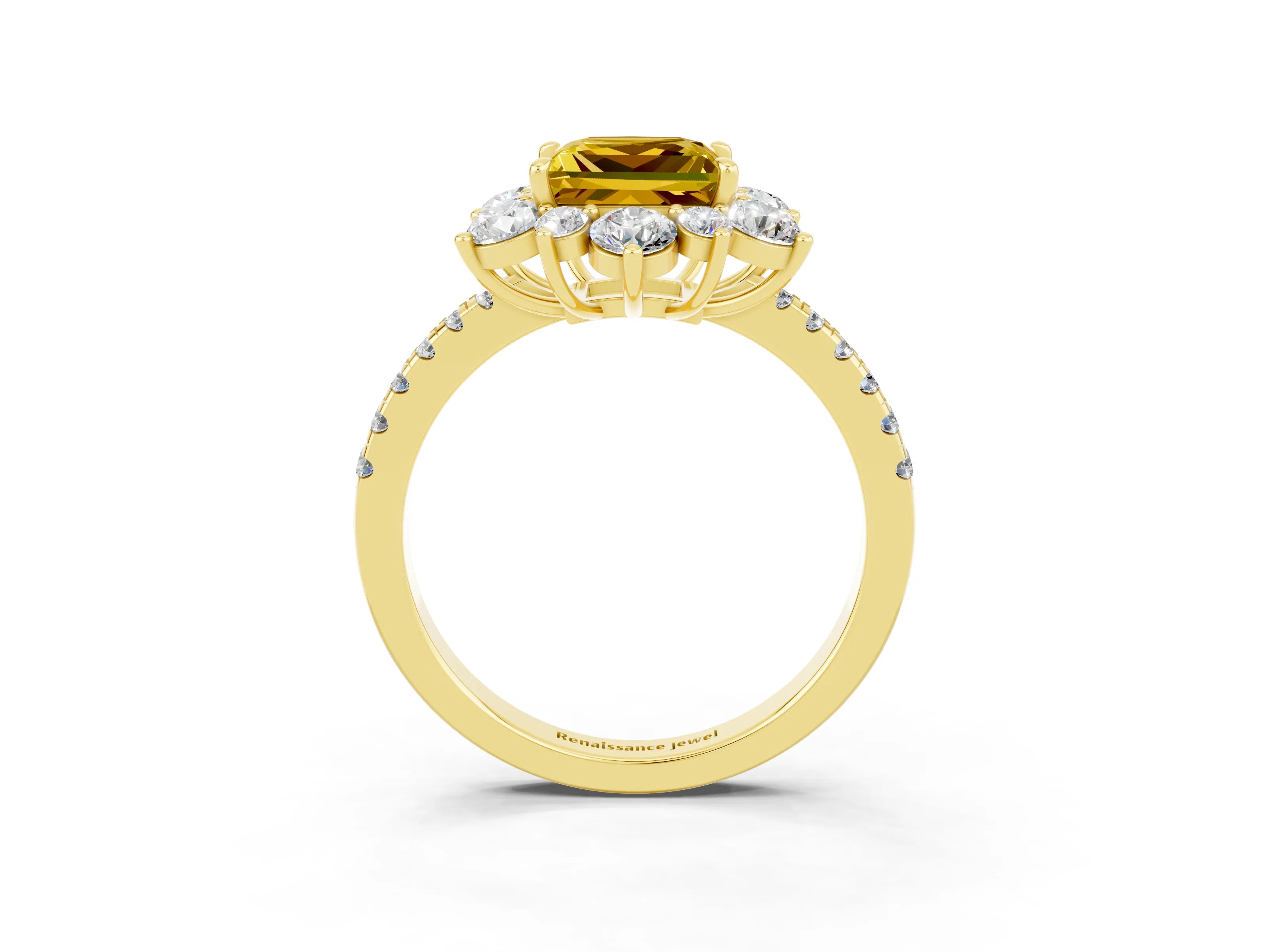 Yellow gold Princess Cut Cut Diamond Floral Halo Pave Band with Prong Setting_3