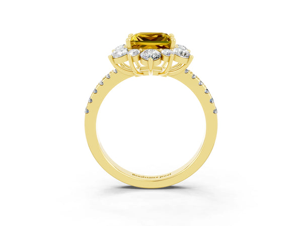 Yellow gold Princess Cut Yellow Sapphire Floral Halo Ring with Round Pavé Band and Prong Setting