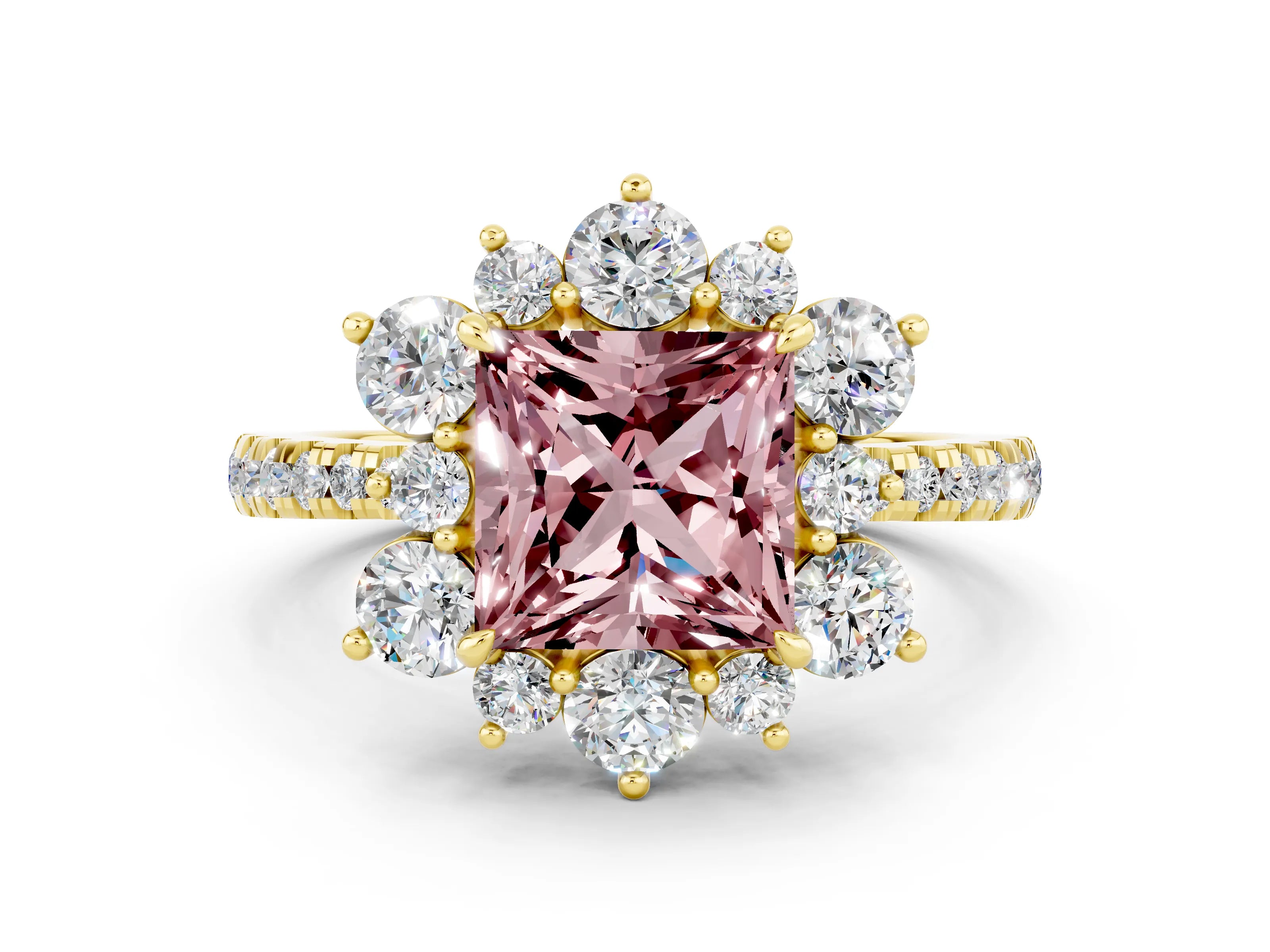Yellow gold Princess Cut Cut Diamond Floral Halo Pave Band with Prong Setting