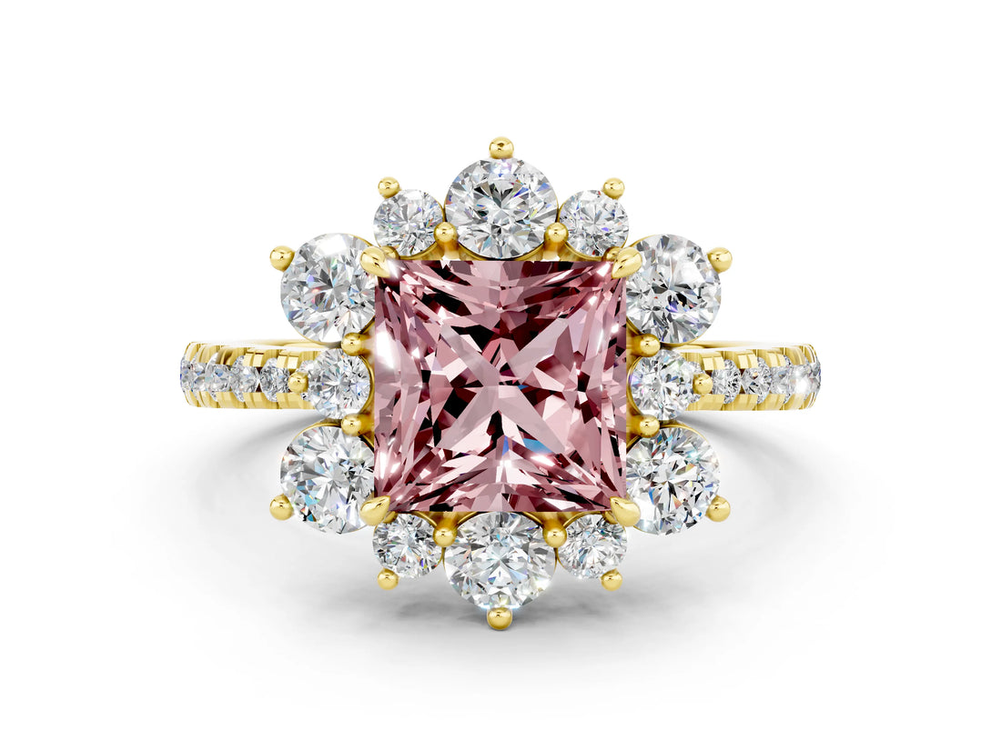 Yellow gold Princess Cut Cut Diamond Floral Halo Pave Band with Prong Setting