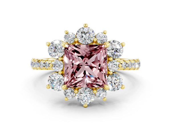 Yellow gold Princess Cut Cut Diamond Floral Halo Pave Band with Prong Setting