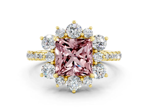 Yellow gold Princess Cut Cut Diamond Floral Halo Pave Band with Prong Setting