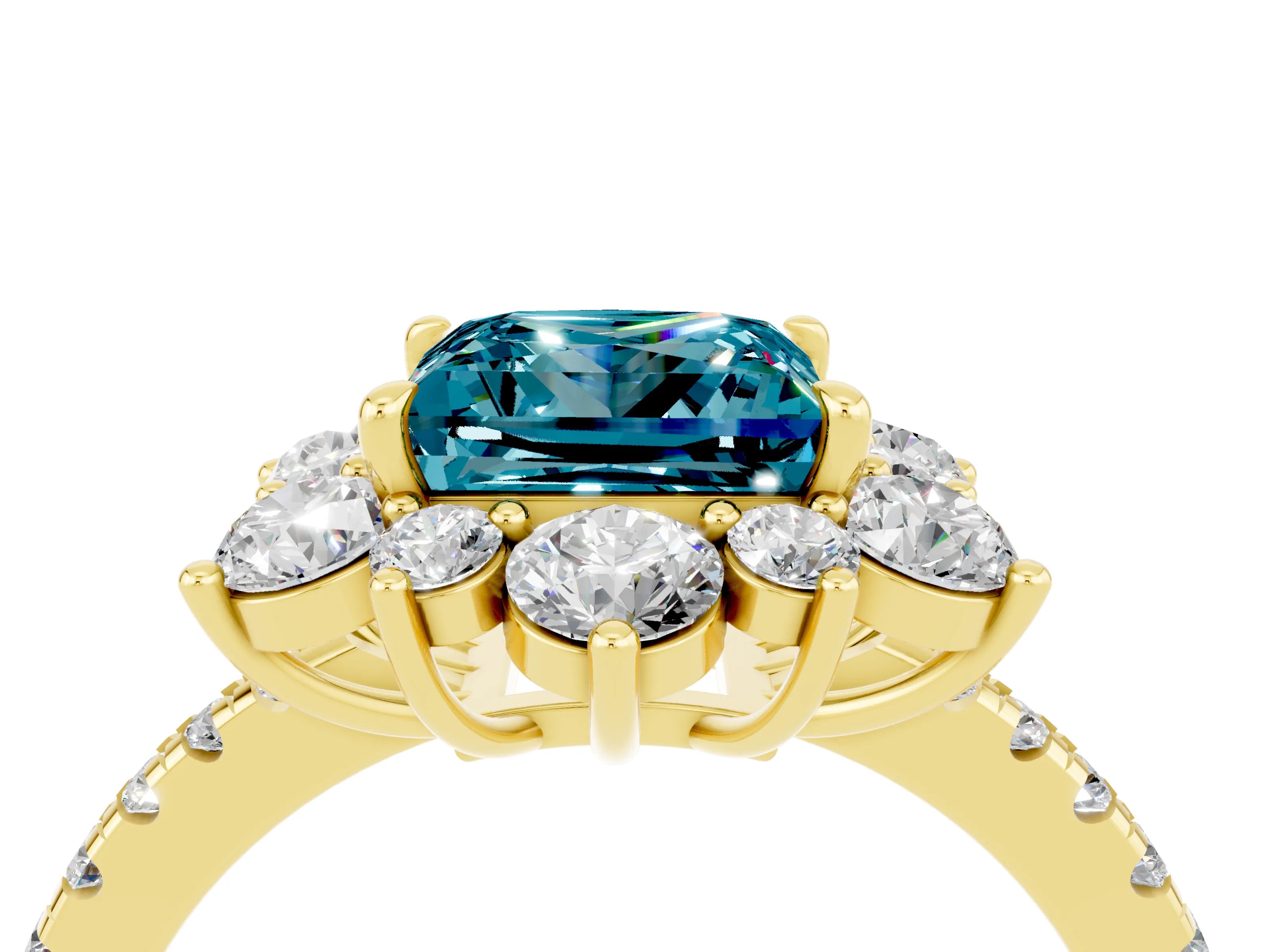 Yellow gold Princess Cut Cut Diamond Floral Halo Pave Band with Prong Setting_4