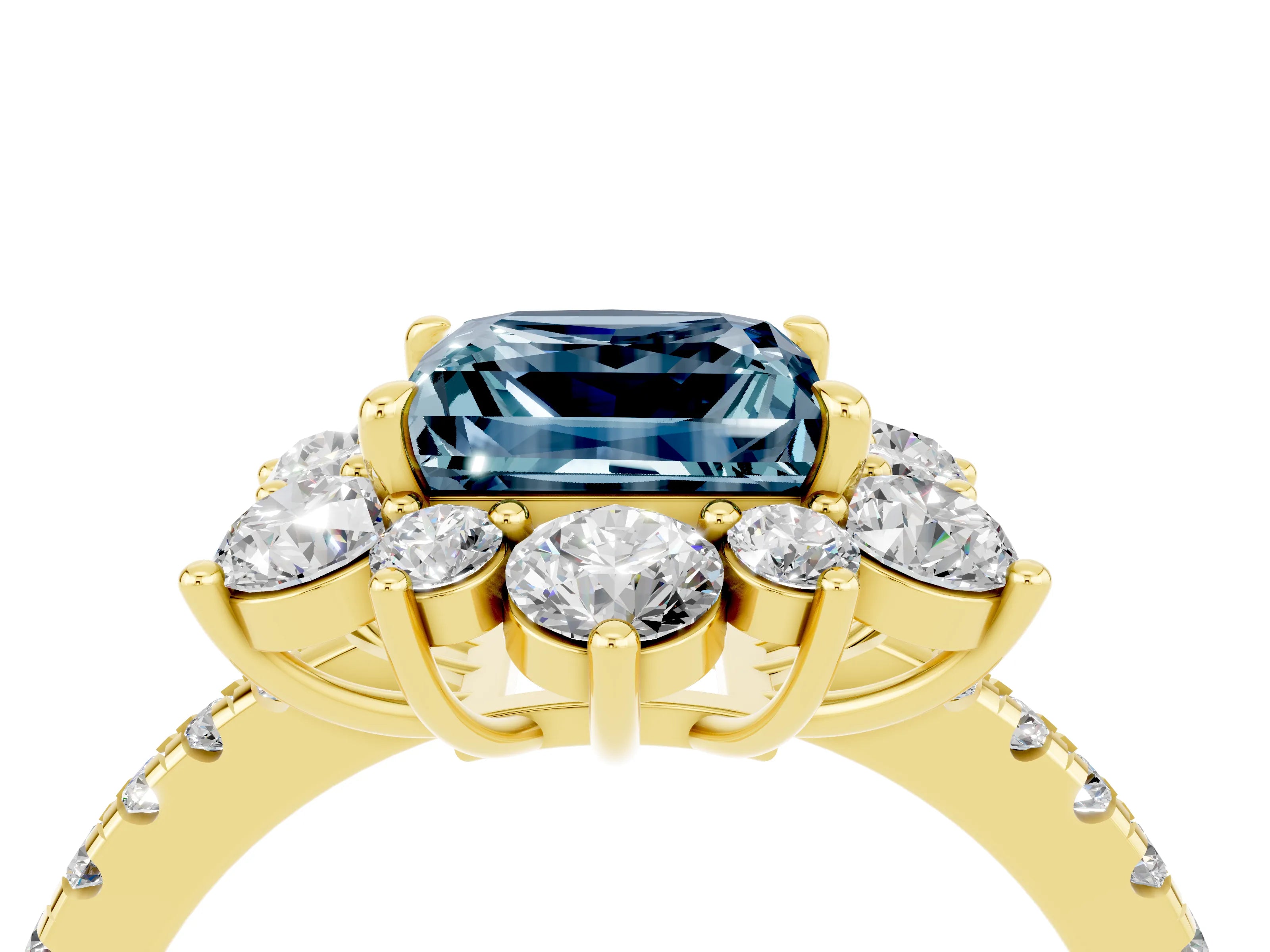 Yellow gold Princess Cut Cut Diamond Floral Halo Pave Band with Prong Setting_4