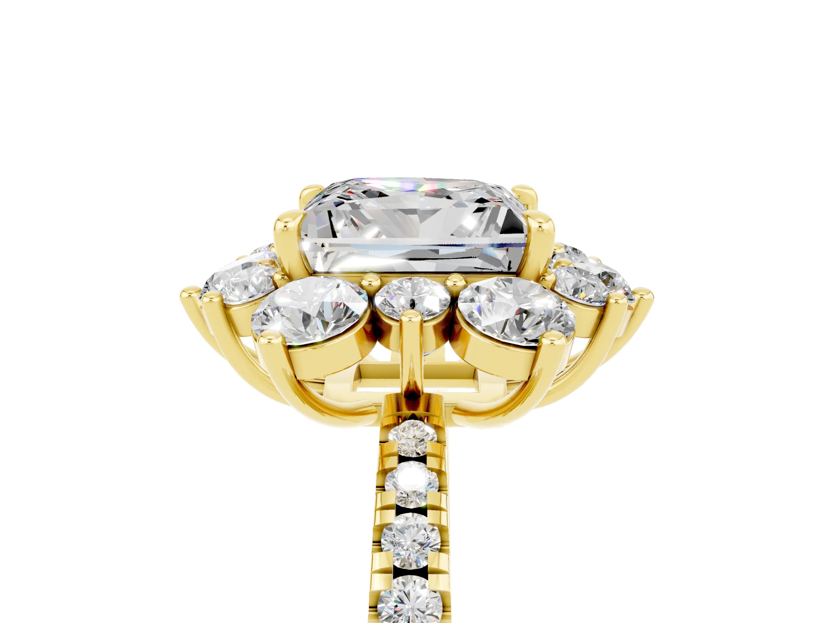 Yellow gold Princess Cut Cut Diamond Floral Halo Pave Band with Prong Setting_5