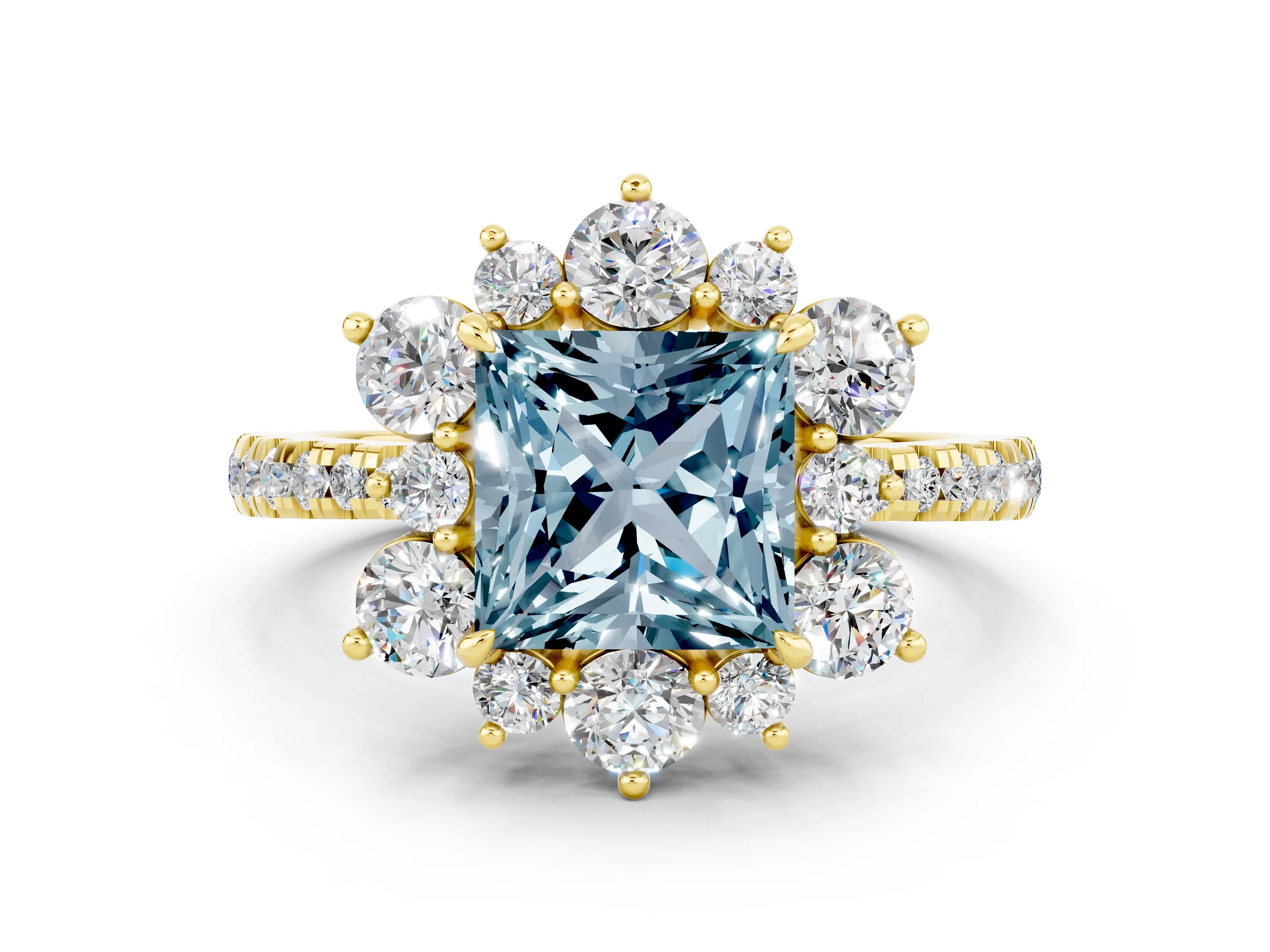 Yellow gold Princess Cut Cut Diamond Floral Halo Pave Band with Prong Setting