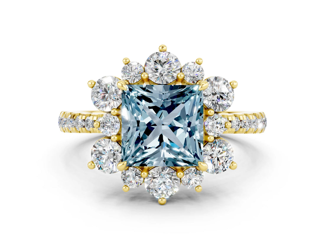 Yellow gold Princess Cut Cut Diamond Floral Halo Pave Band with Prong Setting