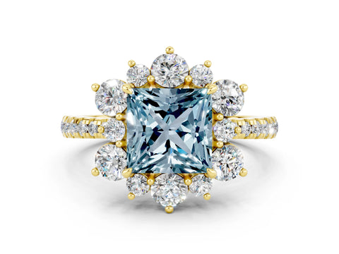 Yellow gold Princess Cut Cut Diamond Floral Halo Pave Band with Prong Setting