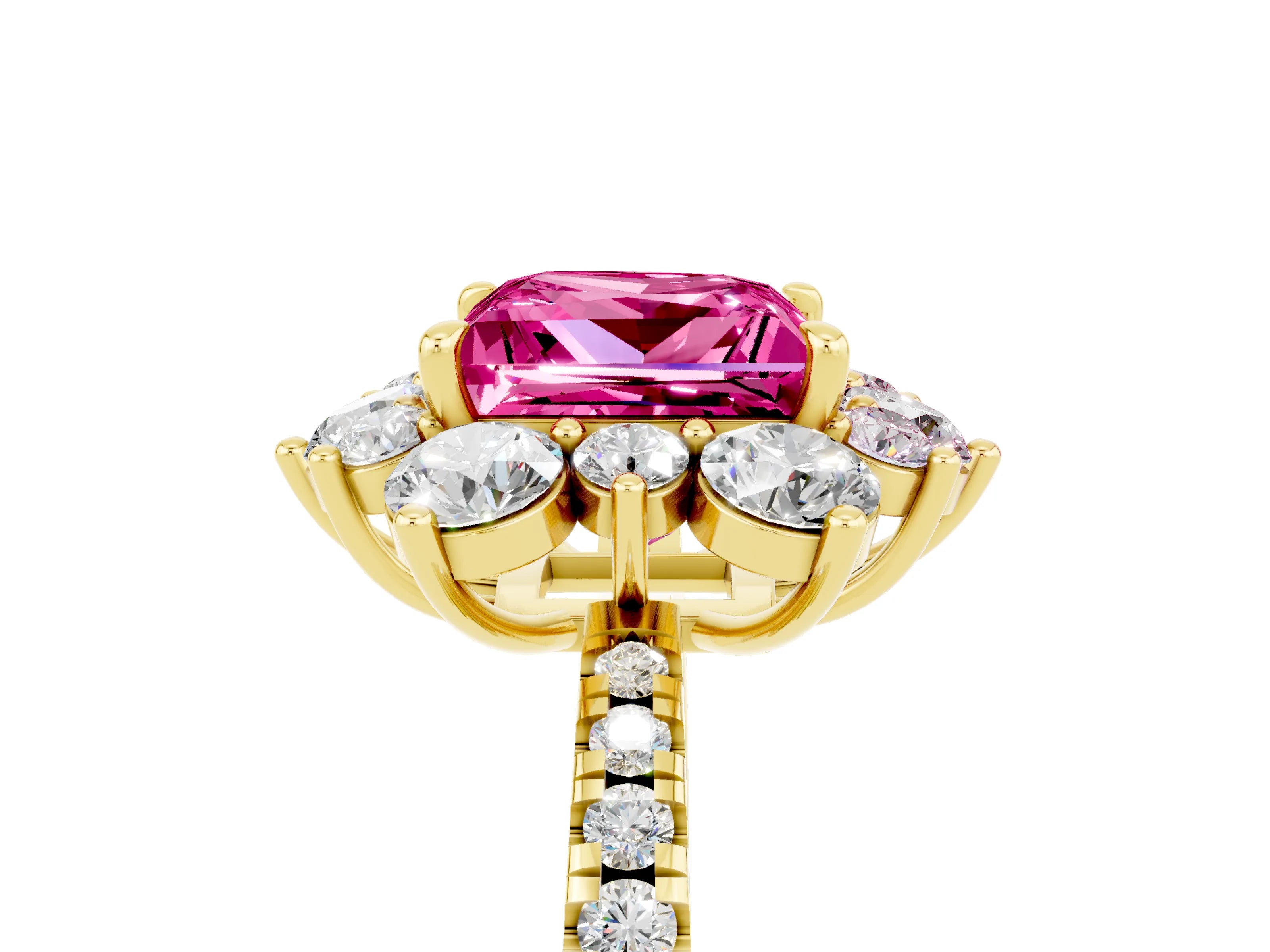 Yellow gold Princess Cut Cut Diamond Floral Halo Pave Band with Prong Setting_5
