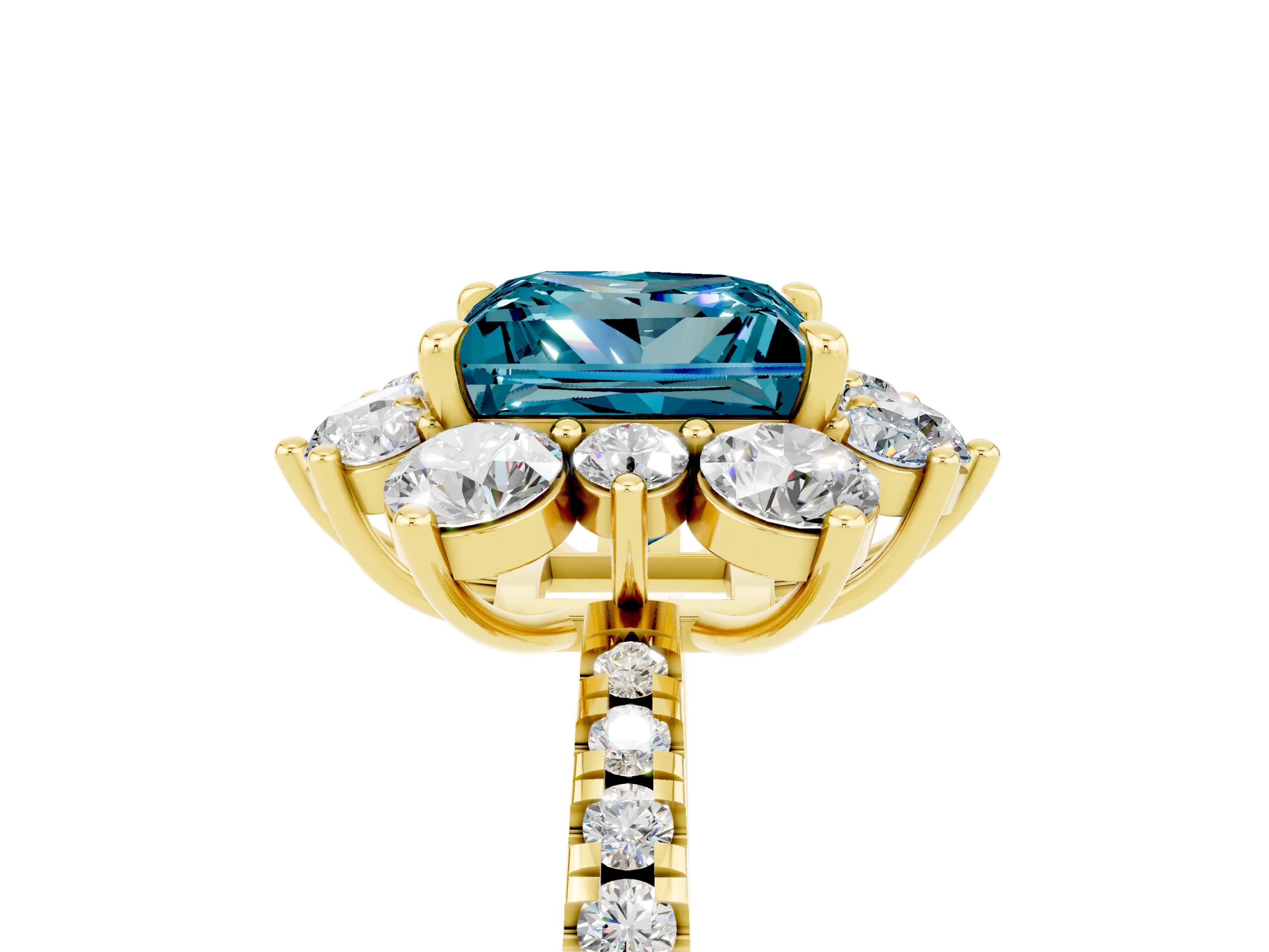 Yellow gold Princess Cut Cut Diamond Floral Halo Pave Band with Prong Setting_5