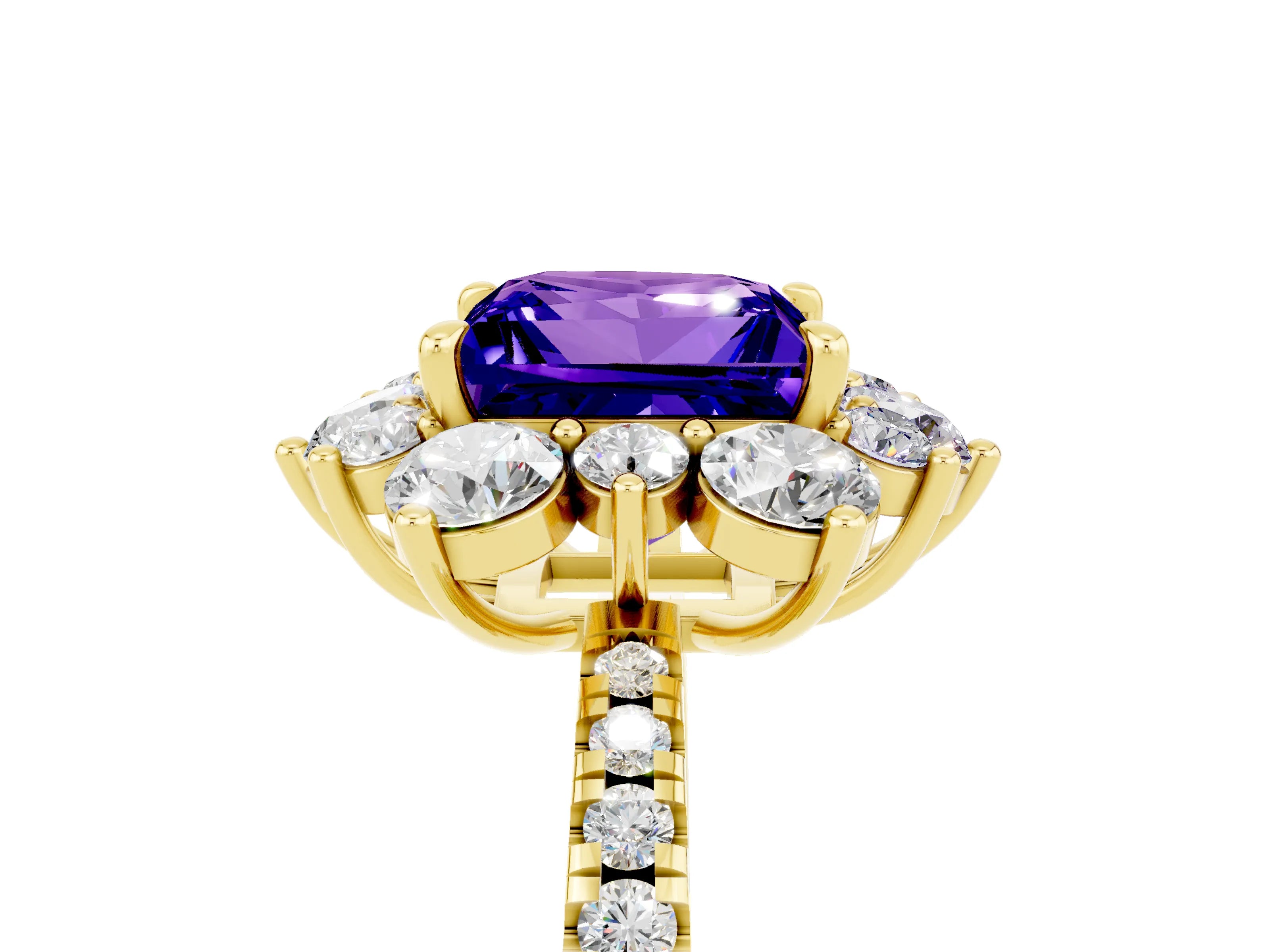 Yellow gold Princess Cut Cut Diamond Floral Halo Pave Band with Prong Setting_5