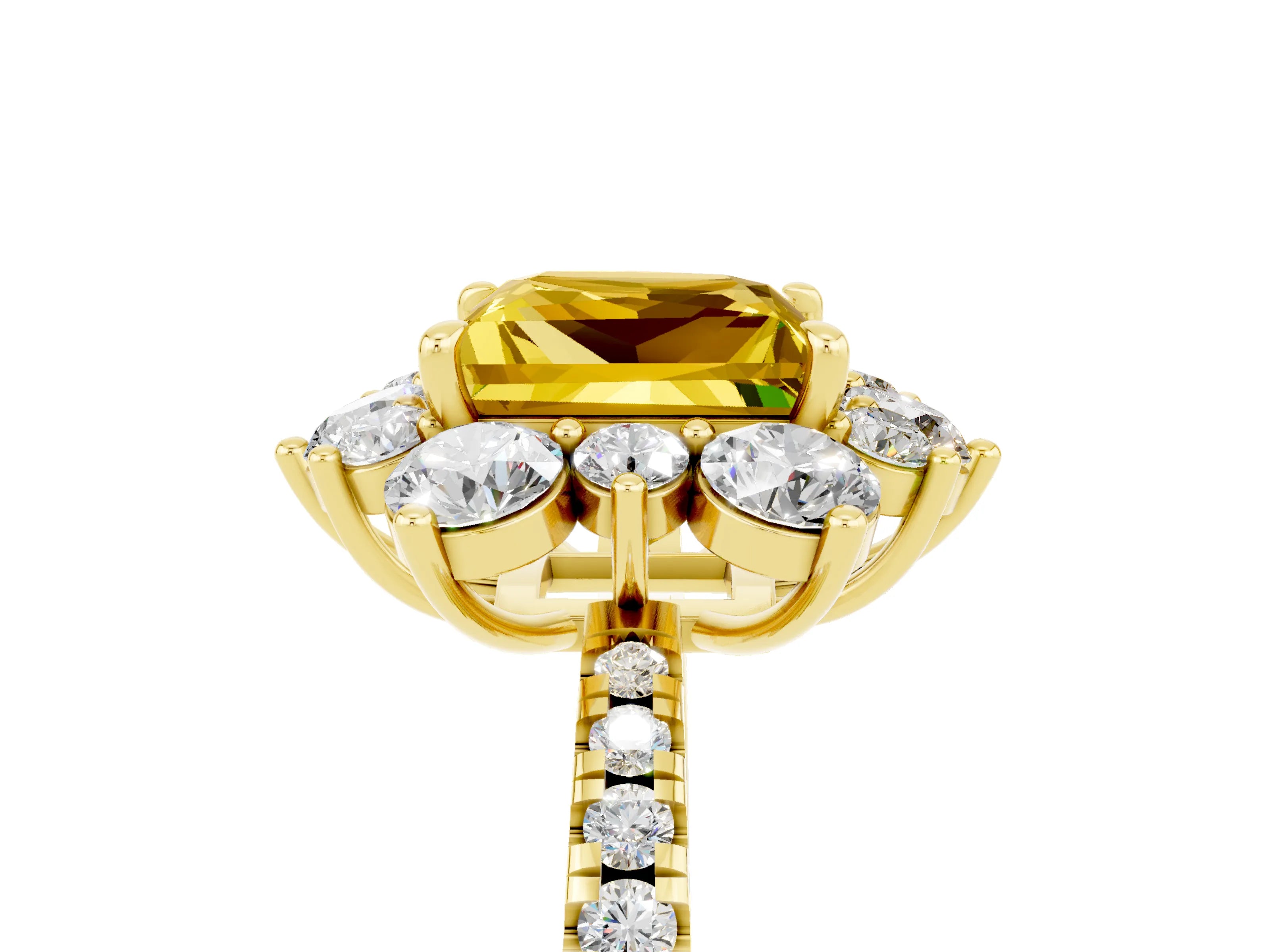 Yellow gold Princess Cut Cut Diamond Floral Halo Pave Band with Prong Setting_5