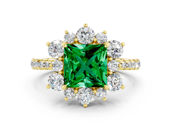 Yellow gold Princess Cut Emerald Floral Halo Ring with Round Pavé Band and Prong Setting